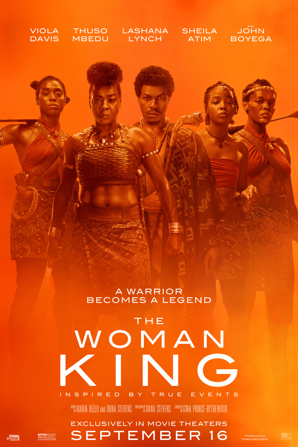 The poster for the movie "The Woman King"; captioned "A warrior becomes a legend"; starring Viola Davis, Thuso Mbedu, Lashana Lynch, Sheila Atim, and John Boyega